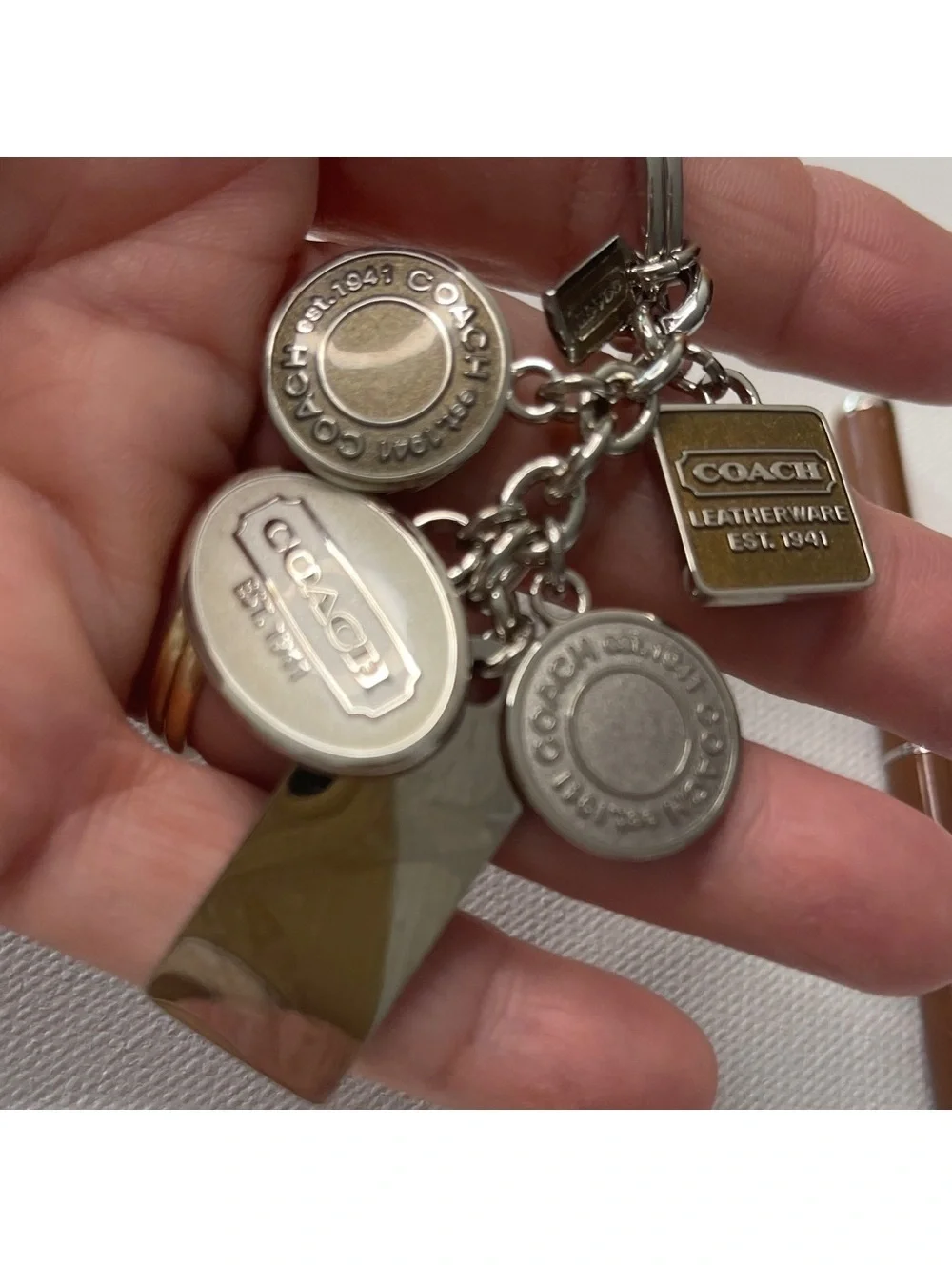 Coach Silver and Brown Logo Charms Keychain & Matching Pen NIP